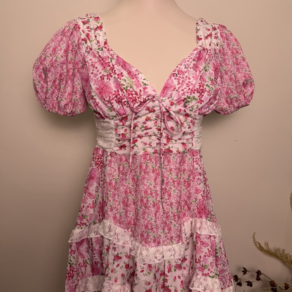 Cottagecore Dress Patchwork Lace Ruffle Pink Floral Mini Coquette Milkmaid M - Picture 2 of 7